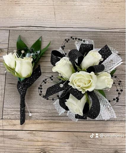 Black and White Wristlet and Boutonniere